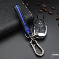 Leather Keychain Including Carabiner - Anthracite/Blue