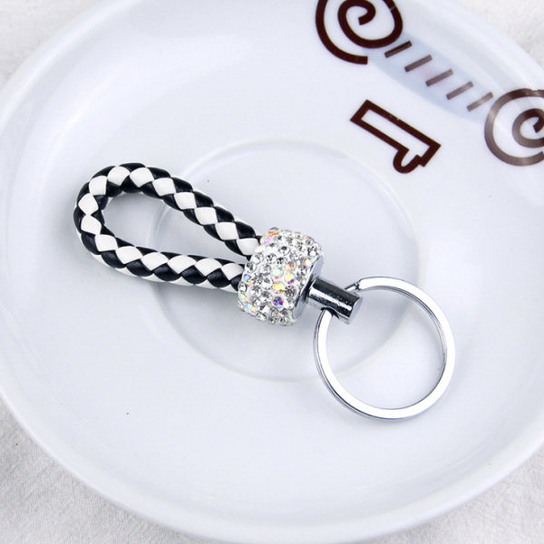 Mini Leather Keychain With Crystal Decoincluding Keyring - Black/White