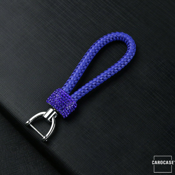 Exclusiver Schlüsselanhänger Lederband Mit Kristalldekoinkl. Karabiner - Chrom/Blau