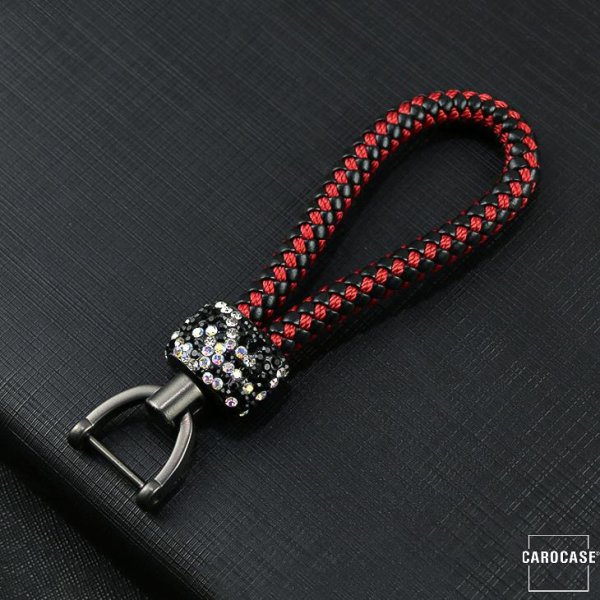 Exclusiver Schlüsselanhänger Lederband Mit Kristalldekoinkl. Karabiner - Anthrazit/Schwarz-Rot