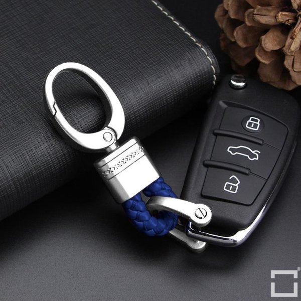 Mini Leather Keychain Including Carabiner - Chrome/Blue