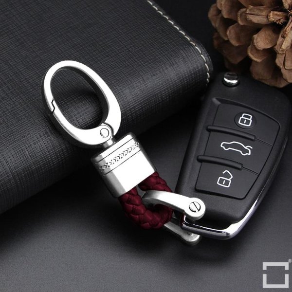 Mini Leather Keychain Including Carabiner - Chrome/Dark Red