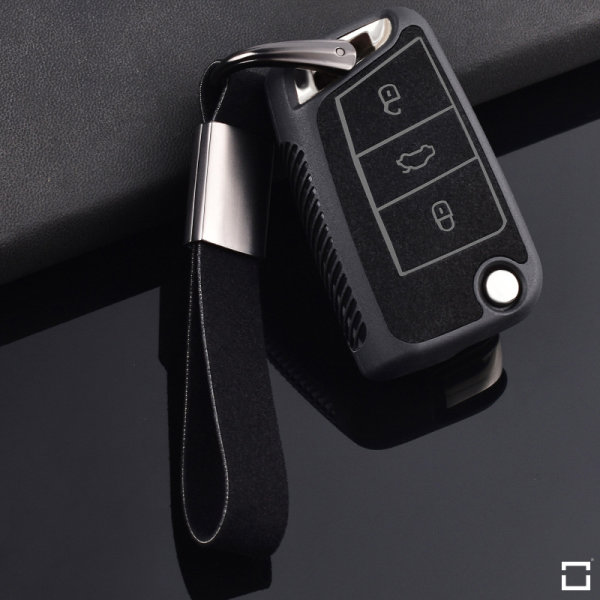 Silikon Alcantara Schutzhülle passend für Volkswagen, Audi, Skoda, Seat Schlüssel + Lederband + Karabiner  SEK12-V3