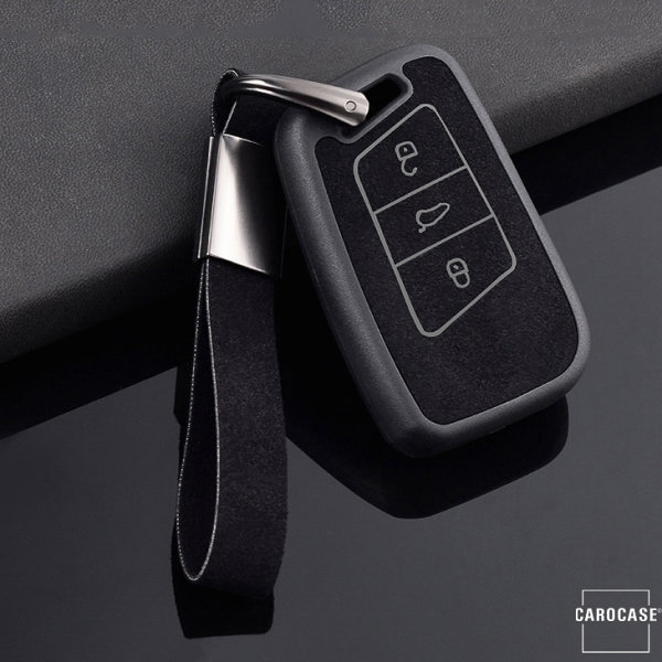 Silikon Alcantara Schutzhülle passend für Volkswagen, Skoda, Seat Schlüssel + Lederband + Karabiner  SEK12-V4