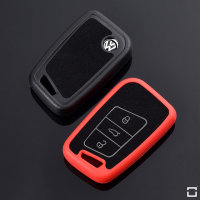 Silikon Alcantara Schutzhülle passend für Volkswagen, Skoda, Seat Schlüssel + Lederband + Karabiner schwarz SEK12-V4-1