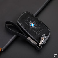 Silikon Alcantara Schutzhülle passend für BMW Schlüssel + Lederband + Karabiner schwarz SEK12-B5-1