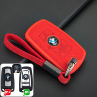 Silikon Alcantara Schutzhülle passend für BMW Schlüssel + Lederband + Karabiner rot SEK12-B5-3
