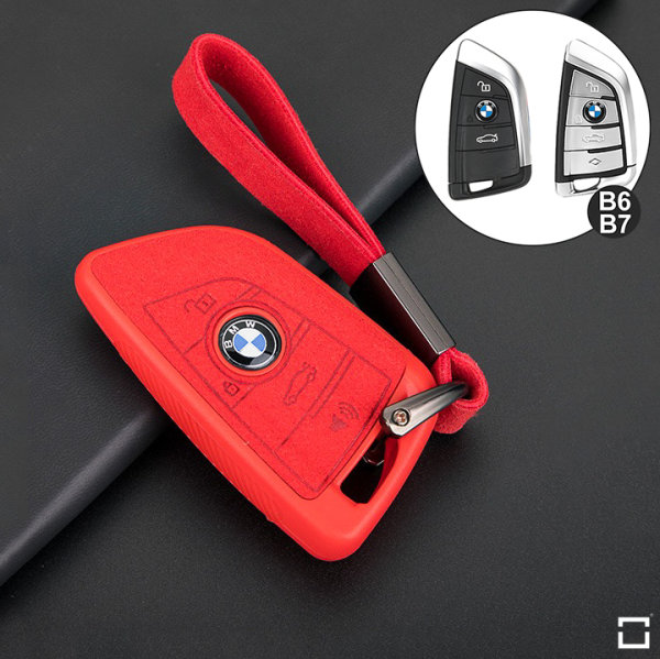 Silikon Alcantara Schutzhülle passend für BMW Schlüssel + Lederband + Karabiner rot SEK12-B7-3