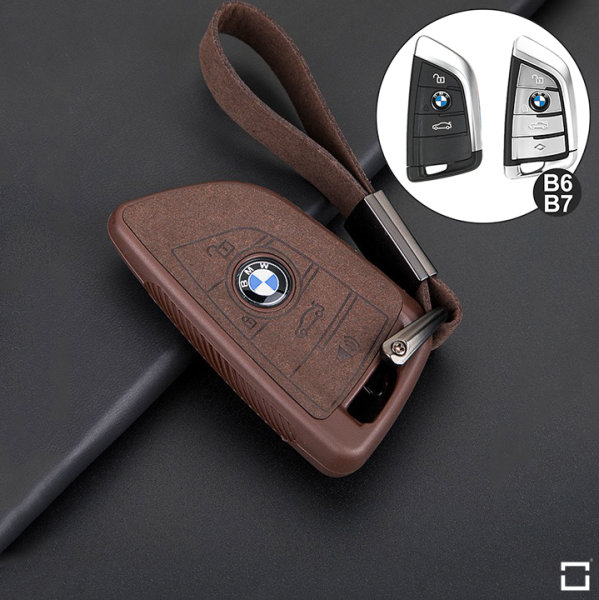 Silikon Alcantara Schutzhülle passend für BMW Schlüssel + Lederband + Karabiner braun SEK12-B7-2