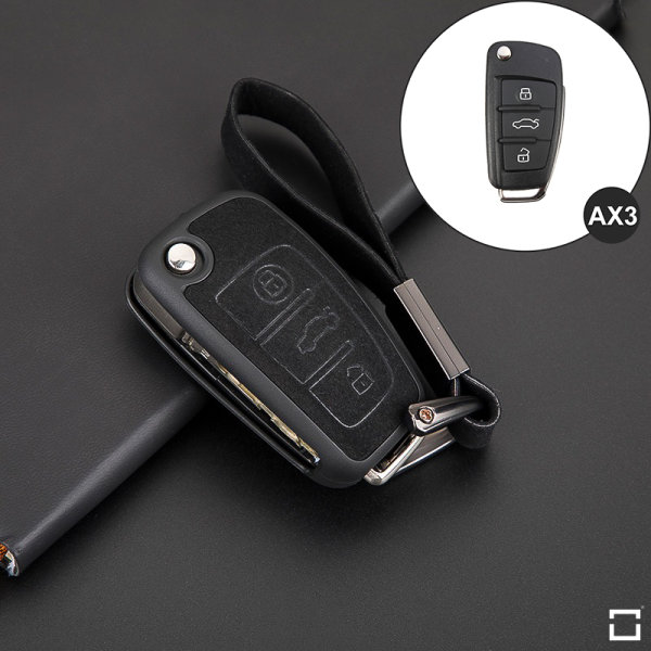 Silikon Alcantara Schutzhülle passend für Audi Schlüssel + Lederband + Karabiner schwarz SEK12-AX3-01-S187-K