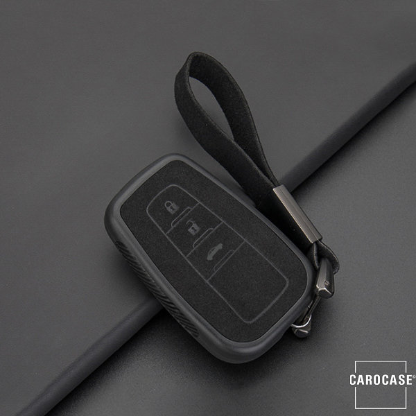 Silikon Alcantara Schutzhülle passend für Toyota Schlüssel + Lederband + Karabiner schwarz SEK12-T6-1