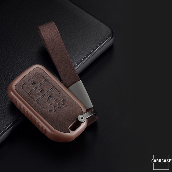 Silikon Alcantara Schutzhülle passend für Honda Schlüssel + Lederband + Karabiner braun SEK12-H12-2
