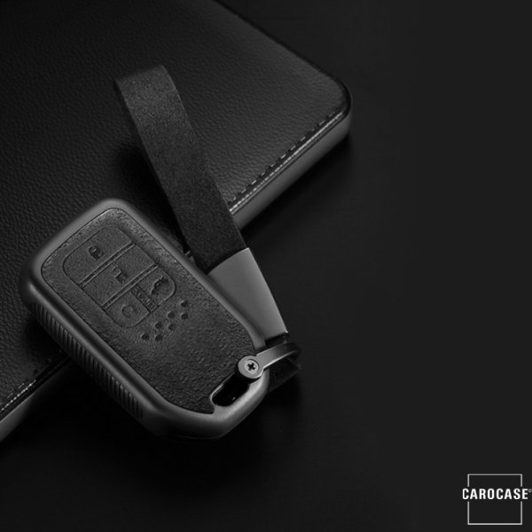 Silikon Alcantara Schutzhülle passend für Honda Schlüssel + Lederband + Karabiner schwarz SEK12-H13-1
