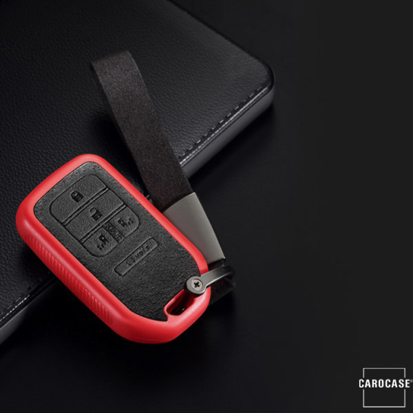 Silikon Alcantara Schutzhülle passend für Honda Schlüssel + Lederband + Karabiner rot SEK12-H16-3