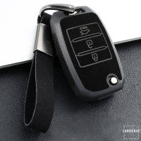 Silikon Alcantara Schutzhülle passend für Kia Schlüssel + Lederband + Karabiner schwarz SEK12-K3-1