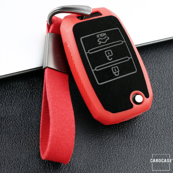 Coque de protection en silicone, Cuir Alcantara pour voiture Kia clé télécommande K3 rouge