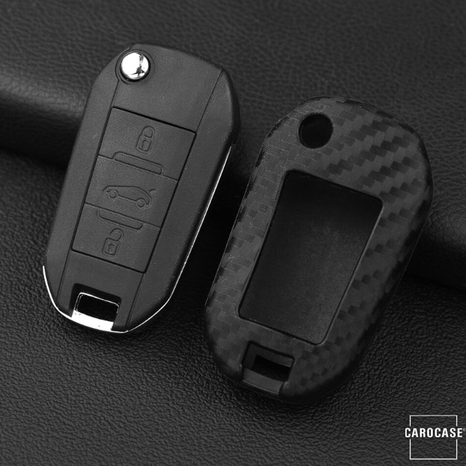 Silikonfodral med kolfiberutseende för Citroen / Opel / Peugeot bilnycklar (typ P3) | Carocase Premium Premium nyckelfodral - Detaljerad vy 3