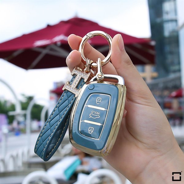 SHANGHONG Coque de clé Hyundai avec porte-clés en cuir véritable