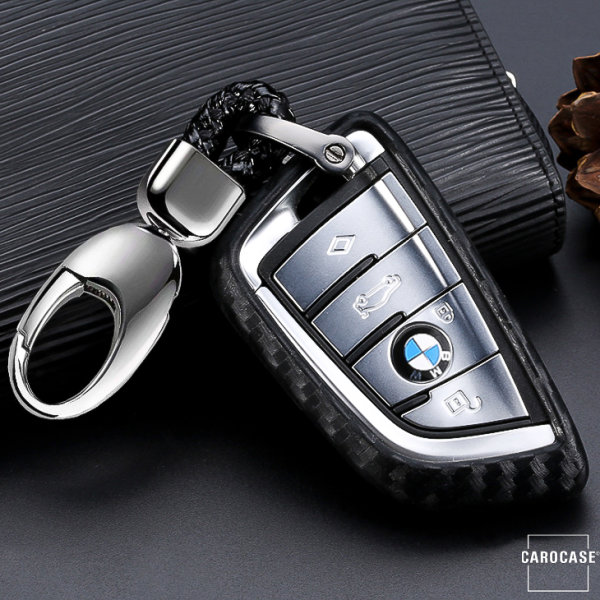 Silikon Carbon-Look Schlüssel Cover passend für BMW Schlüssel schwarz SEK3-B7 (Schutzhülle + Karabiner SAR22)