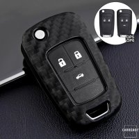 Silikon Carbon-Look Schlüssel Cover passend für Opel Schlüssel schwarz SEK3-OP6 (Schutzhülle + Silikon Karabiner KRB21)