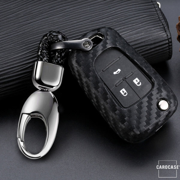 Silikon Carbon-Look Schlüssel Cover passend für Opel Schlüssel schwarz SEK3-OP6 (Schutzhülle + Karabiner SAR22)