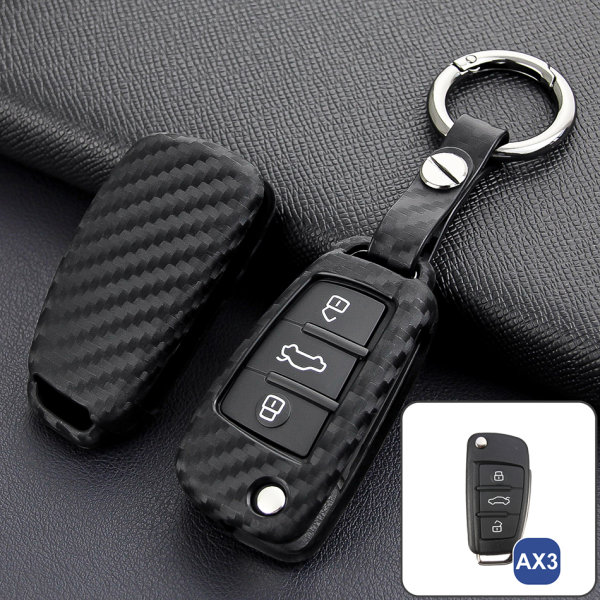 Silikon Carbon-Look Schlüssel Cover passend für Audi Schlüssel schwarz SEK3-AX3 (Schutzhülle + Silikon Karabiner KRB21)