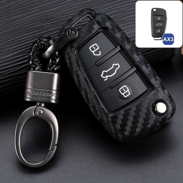 Silikon Carbon-Look Schlüssel Cover passend für Audi Schlüssel schwarz SEK3-AX3 (Schutzhülle + Karabiner SAR2)