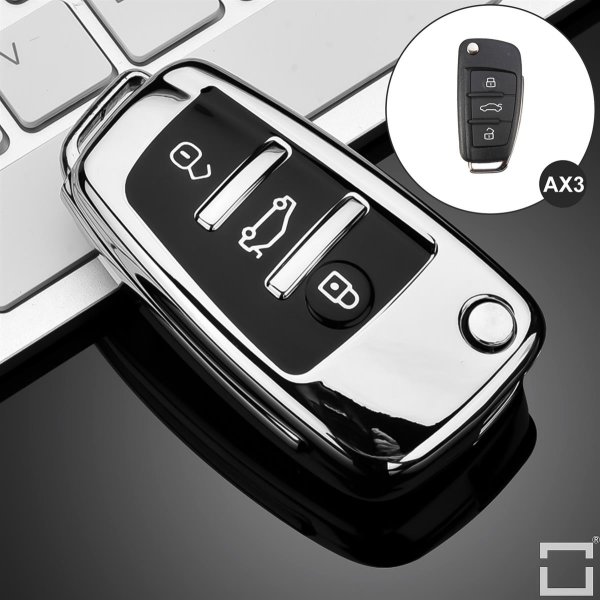 Black-Glossy Silikon Schutzhülle passend für Audi Schlüssel silber SEK7-AX3-15