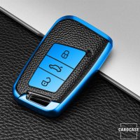 Silikon Leder-Look Schlüssel Cover passend für Volkswagen, Skoda, Seat Schlüssel  SEK13-V4 blau