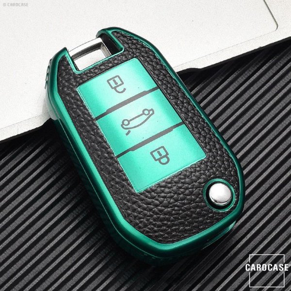 Silikon Leder-Look Schlüssel Cover passend für Opel, Citroen, Peugeot Schlüssel grün SEK13-P3-23