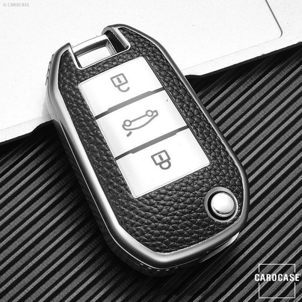 Silikon Leder-Look Schlüssel Cover passend für Opel, Citroen, Peugeot Schlüssel silber SEK13-P3-15