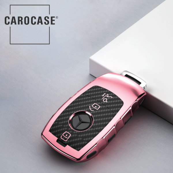 Glossy Carbon-Look Schlüssel Cover passend für Mercedes-Benz Schlüssel rosa SEK14-M9-10