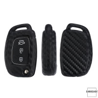 Silikon Carbon-Look Schlüssel Cover passend für Hyundai Schlüssel schwarz SEK3-D6, D7 (Schutzhülle + Silikon Karabiner KRB21)