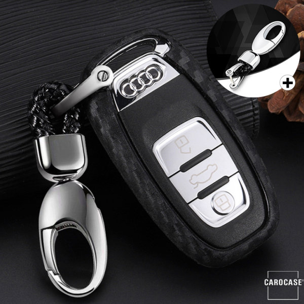 Silikon Carbon-Look Schlüssel Cover passend für Audi Schlüssel schwarz SEK3-AX4 (Schutzhülle + Karabiner SAR22)