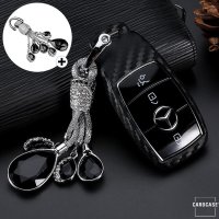 Silikon Carbon-Look Schlüssel Cover passend für Mercedes-Benz Schlüssel schwarz SEK3-M9 (Schutzhülle + Kristall-Anhänger)