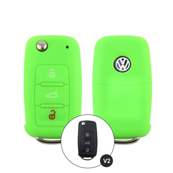 Silicone key fob cover case fit for Volkswagen, Skoda, Seat V2 remote key luminous green