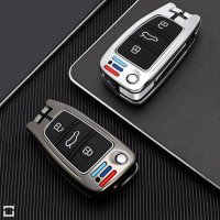 Premium Alu Schlüssel Cover für Audi Schlüssel mit Silikon Tastenschutz + Nachleuchtend  HEK10-AX3-S222