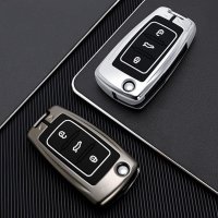 Premium Alu Schlüssel Cover für Volkswagen, Skoda, Seat Schlüssel mit Silikon Tastenschutz + Nachleuchtend  HEK10-V2