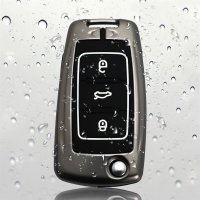 Premium Alu Schlüssel Cover für Volkswagen, Skoda, Seat Schlüssel mit Silikon Tastenschutz + Nachleuchtend  HEK10-V2