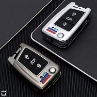 Premium Alu Schlüssel Cover für Volkswagen, Skoda, Seat Schlüssel mit Silikon Tastenschutz + Nachleuchtend  HEK10-V3-S222