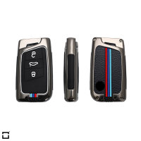 Premium Alu Schlüssel Cover für Volkswagen, Skoda, Seat Schlüssel mit Silikon Tastenschutz + Nachleuchtend  HEK10-V4-S222