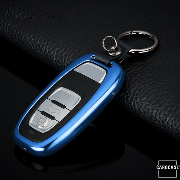 Alu Schlüssel Cover für Audi Schlüssel inkl. Lederband blau