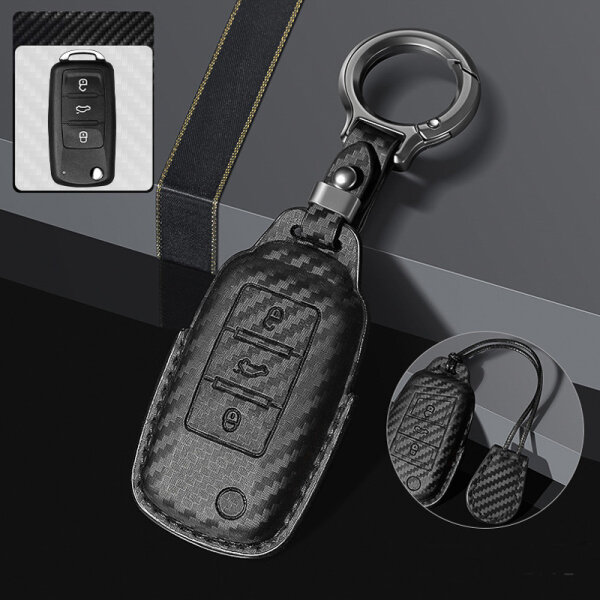 Carocase Carbon Raktų Dėklas Seat / Skoda / VW raktams (Tipas V2X) | Premium odinis apsauginis dėklas anglies pluošto išvaizda Odinis dėklas raktams Premium apsauga