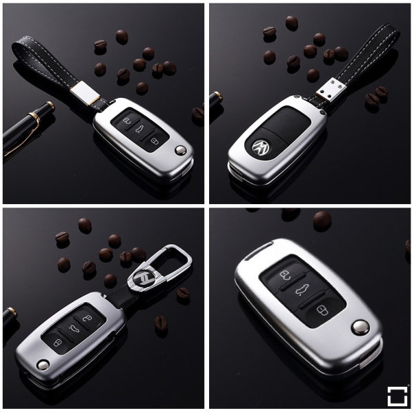 Key case cover FOB for Volkswagen, Skoda, Seat keys incl. leather strap / keychain (HEK34-V2)