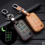AndyGo Luminous Leather Remote Key Fob Case Fit for Volkswagen Skoda Seat 3 Button Black 