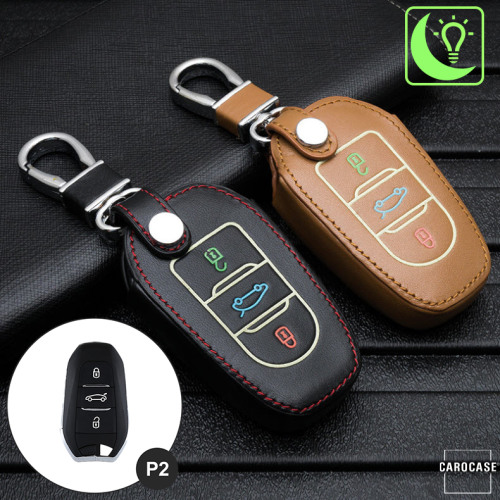 Leder Schlüssel Cover passend für Opel, Citroen, Peugeot Schlüssel  LEUCHTEND! LEK2-P2
