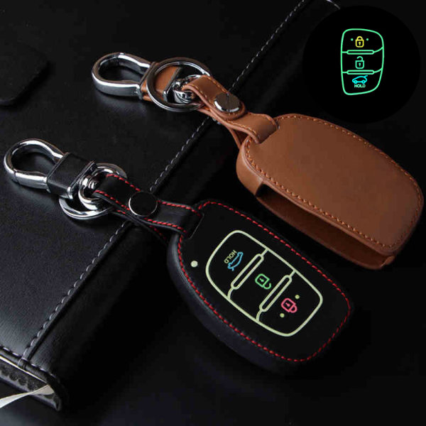 Leder Schlüssel Cover passend für Hyundai Schlüssel  LEUCHTEND! LEK2-D2