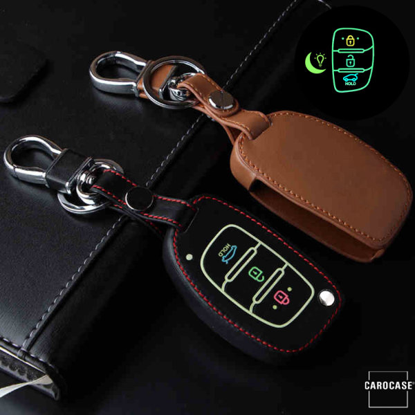 Coque de clé de Voiture en cuir compatible avec Hyundai clés inkl. Karabiner (LEK2-D7)