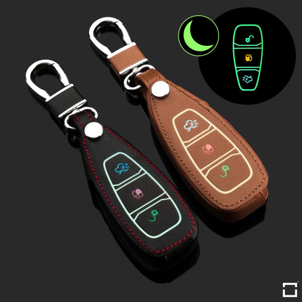 Leder Schlüssel Cover passend für Ford Schlüssel  LEUCHTEND! LEK2-F5