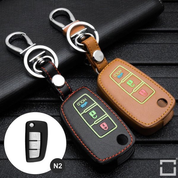 Leder Schlüssel Cover passend für Nissan Schlüssel  LEUCHTEND! LEK2-N2